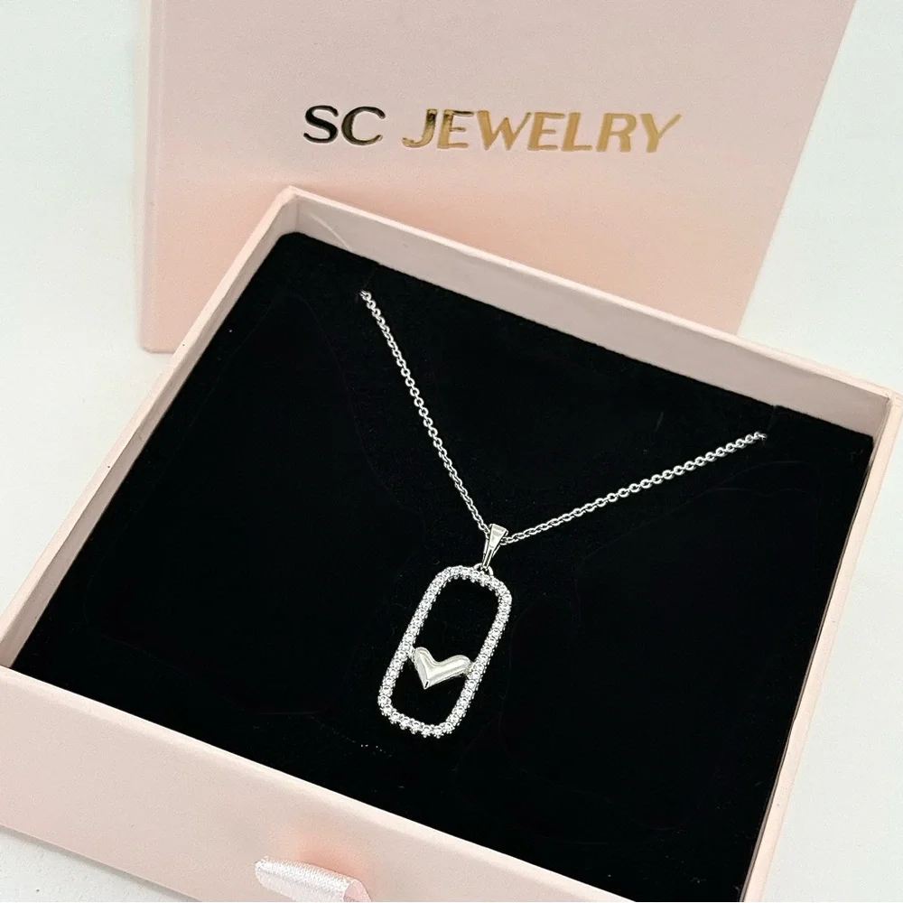 Dainty Platinum Plated Geometric Rectangle Frame Heart Pendant Necklace